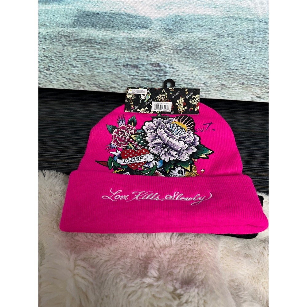 🎁Ed Hardy 2 Pack Beanies Black Pink Love Kills Slowly Rhinestone Hats - Picture 2 of 8